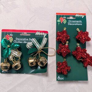 New Set of 2 Retro Merry Ornaments 2 Gold Bells 6 Tinsel Stars Christmas VTG